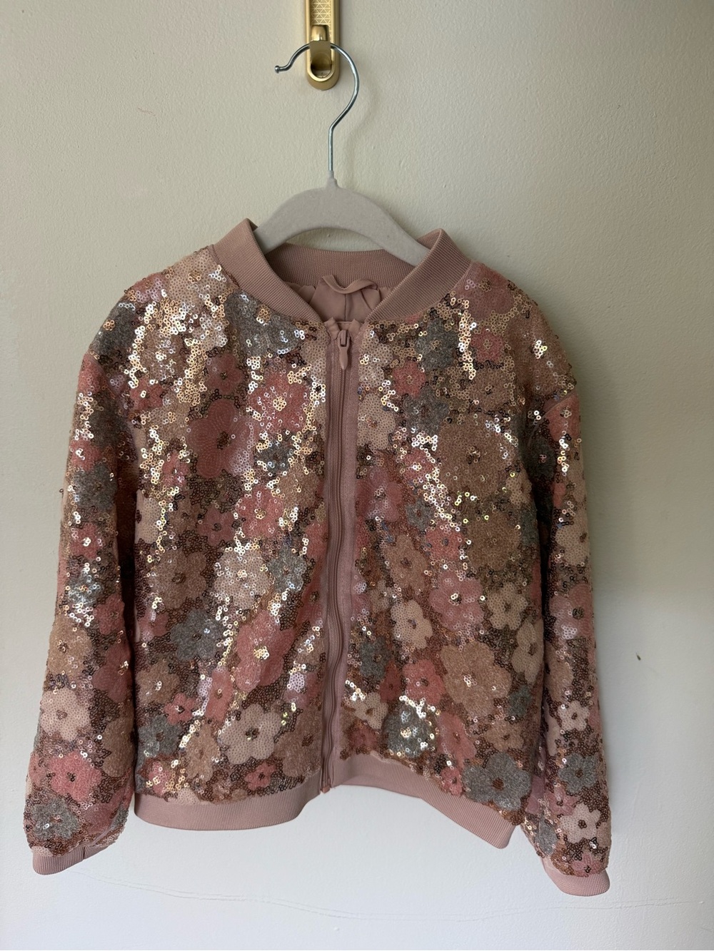 H&M Girls Pink Sequin Floral Bomber Jacket